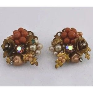 ❤️Vintage Clip-on Cluster Floral Leaves Beads Pearls Fall Warm Colors